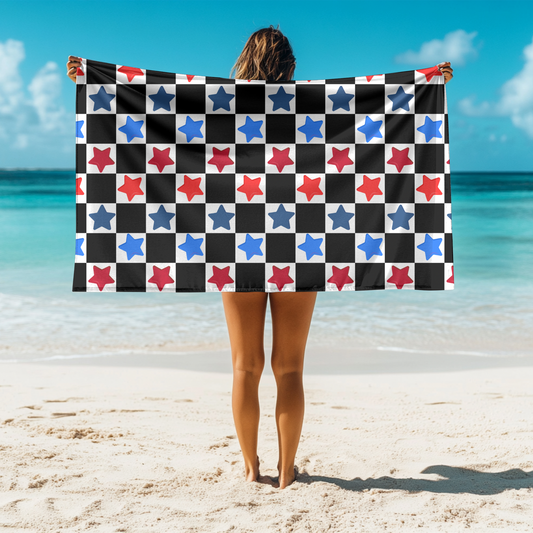 Custom Name or BLANK RWB Stars Black/White Checkered Beach Towel