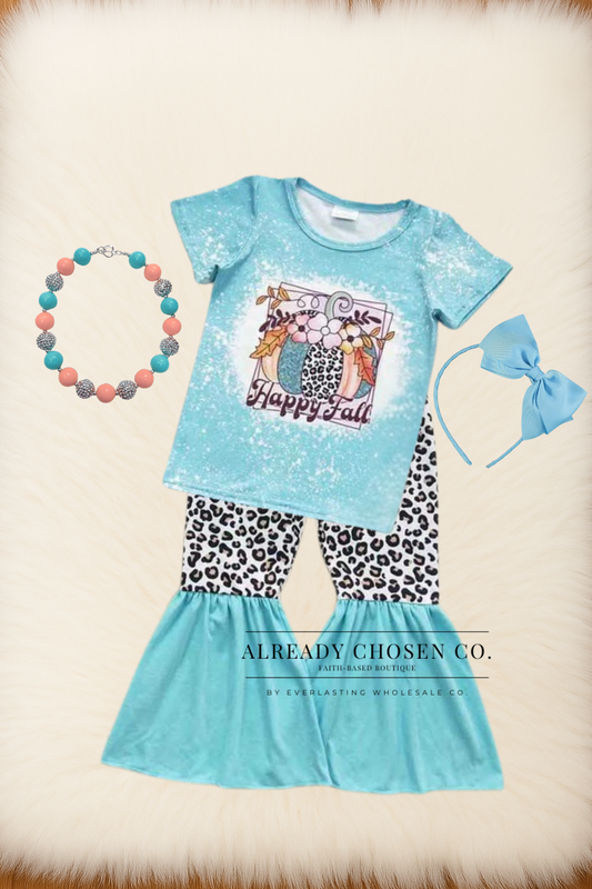 Blue Bleached Pumpkin Happy Fall Top W/ Leopard Bells