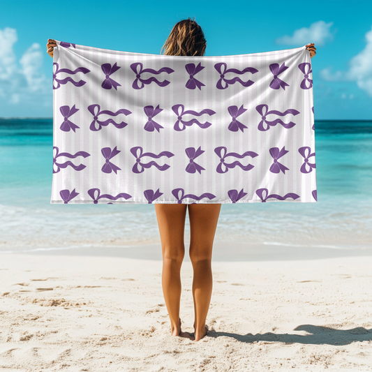 Custom Name or BLANK Grey Striped Purple Bows Beach Towel