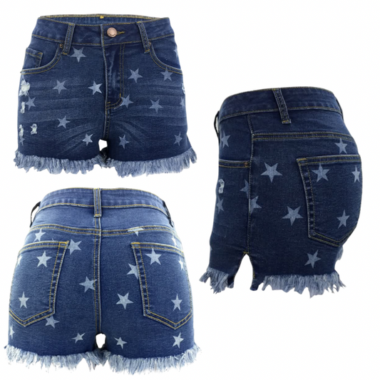 FOJ Stars Denim Fray Shorts