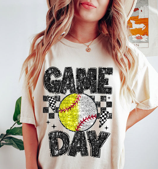 Game Day Glitter Shimmer Softball Baseball Checkered Tee